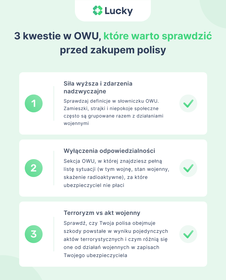 Tabela z 3 kwestiami w OWU, które warto sprawdzić przed zakupem polisy mieszkaniowej, gdy chcemy zabezpieczyć nieruchomość na wypadek zdarzeń wojennych